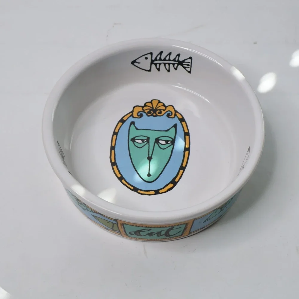 Ursula Dodge Signature Housewares Cat Bowl Stoneware Fish Bone Blue White 5 inch